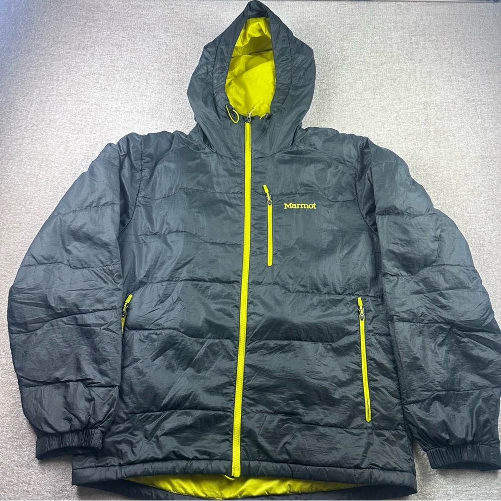 Marmot Ama Dablam Down Jacket Men’s Medium Gray Yellow 800 Fill Hooded Puffer